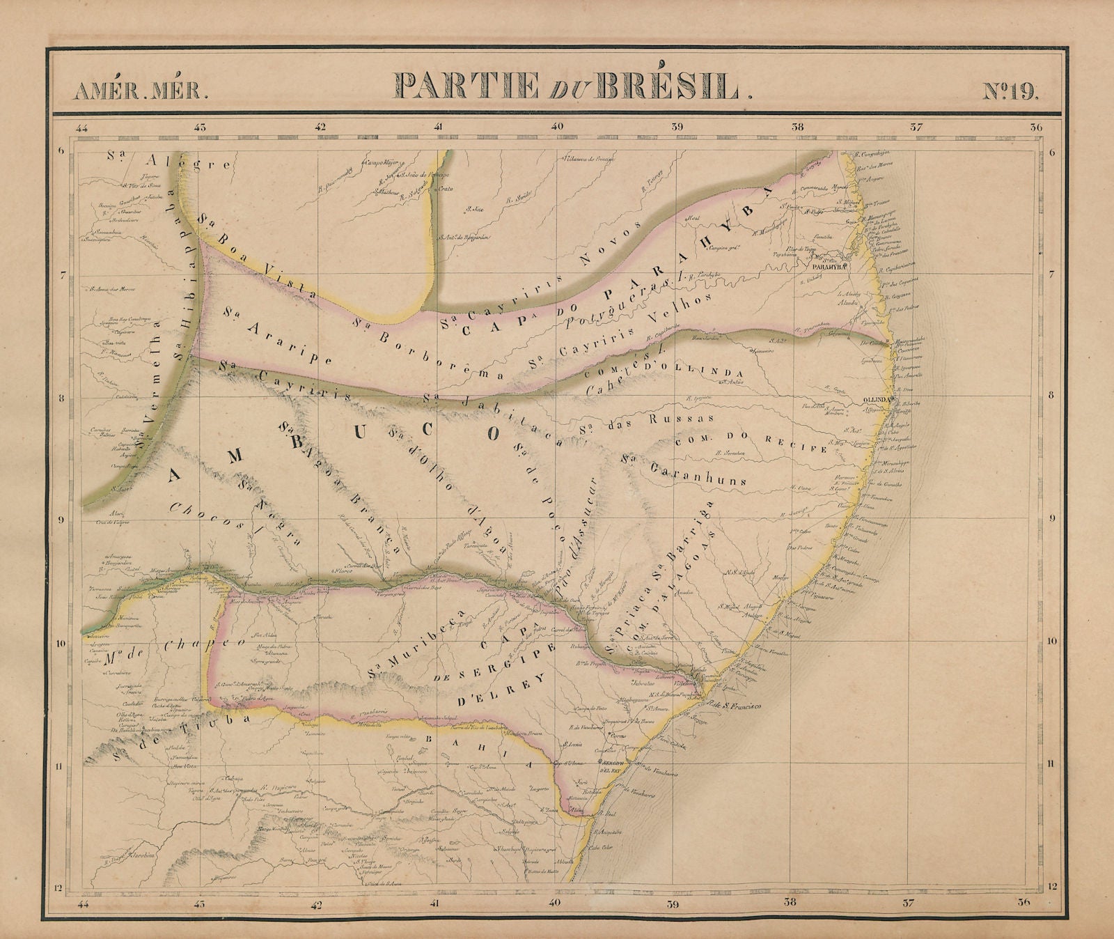 Amér Mér Brésil #19 NE Brazil SE AL PB RN BA CE Pernambuco VANDERMAELEN 1827 map
